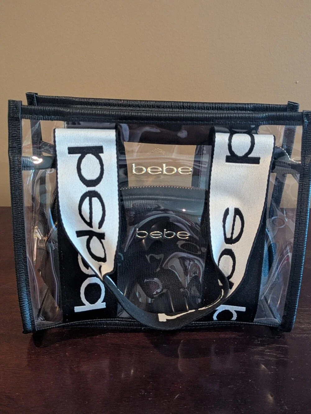 bebe Clear PVC Logo Tote & Cosmetic Pouch Set Black White Gold